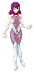 Rule 34 | 1girl, bodysuit, boots, breasts, cleavage, covered erect nipples, large breasts, mashue, original, pantyhose, purple bodysuit, purple hair, see-through, shiny clothes, simple background, skin tight, solo, spandex, white background