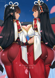 Rule 34 | 2girls, absurdres, ass, black hair, blunt bangs, blush, breast press, breasts, highres, hime cut, hinoa, japanese clothes, large breasts, long hair, lulu-chan92, minoto, monster hunter (series), monster hunter rise, multiple girls, pointy ears, siblings, sisters, symmetrical docking, twins, very long hair, yellow eyes