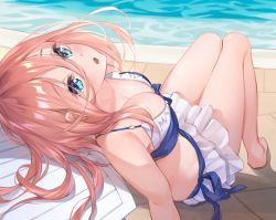 Rule 34 | 1girl, :o, bare legs, bare shoulders, barefoot, bikini, bikini skirt, blue eyes, blue ribbon, blush, breasts, chair, cleavage, collarbone, day, eyes visible through hair, frills, from behind, front-tie top, go-toubun no hanayome, highres, knees together feet apart, knees up, large breasts, long hair, looking at viewer, looking back, nakano miku, open mouth, outdoors, outstretched arm, pleated skirt, pool, poolside, reclining, red hair, ribbon, sitting, skirt, solo, string bikini, swimsuit, to gemichi