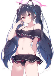 Rule 34 | 1girl, animal ear fluff, animal ears, bare arms, bare legs, bare shoulders, bikini, black bikini, black hair, blue archive, blush, breasts, cat ears, closed mouth, frilled bikini, frills, gluteal fold, hair between eyes, halkawa501, halo, highres, long hair, official alternate costume, pink halo, red eyes, serika (blue archive), serika (swimsuit) (blue archive), simple background, small breasts, solo, swimsuit, twintails, white background