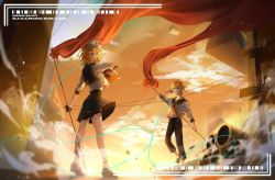 Rule 34 | 1boy, 1girl, 9981nashi, barcode, black collar, blonde hair, blue eyes, bow, character name, chinese commentary, cloud, collar, collared shirt, commentary, dated, flag, flagpole, hair bow, highres, holding, holding flag, kagamine len, kagamine rin, miniskirt, neckerchief, pleated skirt, red flag, red neckerchief, sailor collar, scenery, school uniform, shirt, short hair, short ponytail, skirt, spiked hair, standing, twilight, vocaloid, white bow, white shirt, wide shot