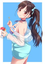 Rule 34 | 1girl, absurdres, ass, bare legs, bikini, blue jacket, border, breasts, brown hair, choker, cleavage, closed mouth, cowboy shot, cup, fingernails, flower, food, hair ribbon, hibiscus, highres, holding, holding food, holding spoon, idolmaster, idolmaster shiny colors, jacket, layered bikini, looking at viewer, medium breasts, miso (misomiso 154), multicolored bikini, multicolored clothes, neck ribbon, parfait, pocky, ponytail, red eyes, ribbon, see-through, see-through sleeves, sideboob, simple background, smile, solo, sonoda chiyoko, spoon, standing, swimsuit, tongue, tongue out, white bikini, white border
