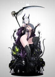 Rule 34 | 1girl, bare shoulders, black gloves, black thighhighs, center opening, collar, demon horns, full body, gloves, glowing, glowing eyes, highres, hong soon-jae, horns, leotard, looking at viewer, orc, original, partially fingerless gloves, pointy ears, purple eyes, purple leotard, revealing clothes, scythe, sitting, skull, smile, solo focus, spine, strap slip, thighhighs, throne, white hair