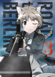 Rule 34 | 1girl, ahoge, aiming, aiming at viewer, animal ears, anti-materiel rifle, black jacket, blazer, blue eyes, blurry, blurry foreground, boys anti-tank rifle, braid, braided ponytail, brown hair, cat ears, cat tail, closed mouth, cloud, cloudy sky, commentary, copyright name, day, depth of field, dress shirt, english text, flying, foreshortening, frown, green necktie, gun, highres, jacket, long hair, looking at viewer, lynette bishop, necktie, no pants, oinari (koheihei1109), one eye closed, outdoors, rifle, shirt, single braid, sky, sniper rifle, solo, strike witches, striker unit, tail, text background, weapon, white shirt, wind, wing collar, world witches series