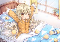 Rule 34 | 1girl, ;o, ahoge, alarm clock, animal, bird, blonde hair, breasts, brown eyes, chick, clock, collared shirt, commentary request, curtains, frilled pillow, frills, hair between eyes, highres, indoors, kohaku muro, long hair, long sleeves, looking at viewer, on bed, one eye closed, orange pajamas, orange pants, orange shirt, original, pajamas, pants, parted lips, pillow, polka dot, polka dot pants, polka dot shirt, shirt, signature, sleeves past wrists, small breasts, solo, stretching, tears, under covers, very long hair, waking up, window