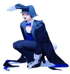 Rule 34 | 1boy, animal ears, baseball cap, blue bow, blue bowtie, blue coat, blue eyes, blue hat, blue leotard, blue pants, blue theme, blue tongue, bow, bowtie, coat, coattails, collared coat, colored eyelashes, colored tongue, crossdressing, detached collar, fangs, fishnets, full body, gloves, hands on feet, hat, high heels, highres, leotard, long sleeves, looking at viewer, male focus, male playboy bunny, open mouth, original, pants, pectoral cleavage, pectorals, rabbit boy, rabbit ears, rabbit tail, sasi mozzi1, simple background, solo, squatting, tail, white background