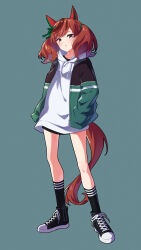 Rule 34 | 1girl, absurdres, animal ears, black footwear, black shirt, black socks, brown hair, casual, collarbone, full body, green background, hands in pockets, highres, hood, hoodie, horse ears, horse girl, horse tail, jacket, looking at viewer, multicolored hair, nice nature (umamusume), noyk iv, open clothes, open jacket, parted lips, shirt, short twintails, simple background, socks, solo, standing, streaked hair, tail, twintails, umamusume, white hoodie
