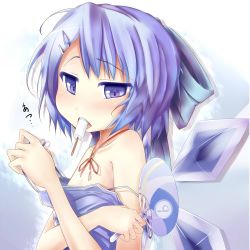 Rule 34 | 1girl, bare shoulders, blue eyes, blue hair, cirno, darren, female focus, food, gradient background, hair ribbon, ice cream, matching hair/eyes, ribbon, solo, touhou, white background, wings