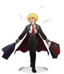 1girl badge bag black_coat black_pants blonde_hair boots brown_footwear coat collared_shirt don_quixote_(project_moon) full_body highres jeehyung_seo korean_text limbus_company long_sleeves music necktie pants project_moon red_necktie shirt shopping_bag short_hair simple_background singing solo translation_request white_background white_shirt yellow_eyes