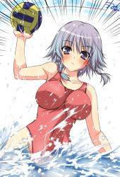 Rule 34 | 1girl, ball, bare shoulders, blush, braid, breasts, female focus, grey eyes, grey hair, highres, holding, holding ball, impossible clothes, impossible shirt, impossible swimsuit, izayoi sakuya, large breasts, looking at viewer, one-piece swimsuit, partially submerged, playing sports, purple eyes, red one-piece swimsuit, shirt, short hair, solo, swimsuit, touhou, twin braids, umyonge (lkakeu), volleyball, volleyball (object), water, water polo