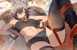 Rule 34 | 1girl, animal ears, antlers, aochoku, arknights, bandeau, bare shoulders, bell, black gloves, black hair, black shorts, black thighhighs, blurry, blurry background, boots, bottle, breasts, choker, closed eyes, ear piercing, feet out of frame, fingerless gloves, gloves, gradient hair, highres, holding, holding bottle, horns, knee up, long hair, lying, medium breasts, midriff, multicolored hair, navel, neck bell, on back, parted lips, piercing, schwarz (arknights), schwarz (presents) (arknights), short shorts, shorts, sleeping, solo, streamers, thighhighs
