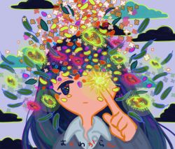 Rule 34 | 1girl, abstract, absurdres, bacteria, black cloud, blue hair, blue sky, collared shirt, covered eyes, flower, glowing, green outline, highres, index finger raised, leaf, long hair, multicolored eyes, no nose, original, outline, portrait, shirt, sizucomaru, sky, solo, sweater, translation request, transparent, white shirt