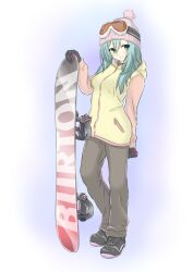 Rule 34 | 1girl, aqua eyes, aqua hair, arm at side, black footwear, black gloves, blue background, blush, brown pants, closed mouth, commentary request, full body, gloves, goggles, goggles on head, hair between eyes, hand up, highres, hirocchi, holding snowboard, hood, hood down, hooded jacket, jacket, long hair, long sleeves, looking at viewer, multicolored clothes, multicolored jacket, pants, pink headwear, pink jacket, riddle joker, shikibe mayu, shirt, simple background, smile, standing, two-tone jacket, winter clothes, yellow jacket