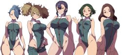 Rule 34 | 2024, 5girls, absurdres, adapted costume, adapted uniform, asticassia school uniform, batta 16-sei, blue eyes, blue hair, braid, breasts, brown eyes, brown hair, collared leotard, covered navel, curly hair, expressionless, forehead, green eyes, gundam, gundam suisei no majo, hair over one eye, hand on own hip, henao jazz, highleg, highleg leotard, highres, ireesha plano, large breasts, leotard, long hair, looking at viewer, maisie may, medium breasts, multiple girls, open clothes, open mouth, open shorts, ponytail, purple eyes, renee costa, sabina fardin, school uniform, serious, short hair, short ponytail, short twintails, shorts, signature, skin tight, sleeveless, small breasts, smile, standing, teeth, thick eyebrows, thighs, tongue, twintails, upper teeth only, white background, yellow eyes