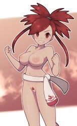 Rule 34 | 1girl, bar censor, breasts, censored, cleft of venus, clenched hands, clenched teeth, creatures (company), female pubic hair, flannery (pokemon), game freak, highres, lamb-oic029, large breasts, looking at viewer, nintendo, nipples, pokemon, pokemon oras, ponytail, pubic hair, pussy, red eyes, red hair, red pubic hair, short hair, smile, solo, teeth