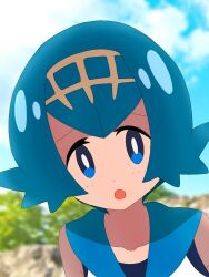 Rule 34 | 1girl, :o, blue eyes, blue hair, blue sailor collar, blurry, blurry background, bright pupils, cloud, collarbone, commentary request, creatures (company), day, freckles, game freak, hairband, lana (pokemon), looking at viewer, mizu majuu (waterman10), nintendo, no sclera, outdoors, pokemon, pokemon sm, raised eyebrows, sailor collar, shirt, short hair, sky, sleeveless, sleeveless shirt, solo, upper body, white pupils, white shirt, worried, yellow hairband