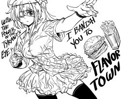 Rule 34 | 1girl, adapted costume, ahoge, bad id, bb (baalbuddy), burger, chuunibyou demo koi ga shitai!, closed mouth, collared shirt, cowboy shot, english text, eyepatch, fingernails, flame print, food, french fries, greyscale, guy fieri, highres, inactive account, looking at viewer, medical eyepatch, monochrome, one eye covered, one side up, parody, shirt, short hair, short sleeves, simple background, skirt, solo, takanashi rikka, thighhighs, white background, wing collar, wristband