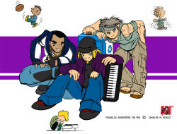 Rule 34 | 3boys, animification, arm hair, contemporary, dark-skinned male, dark skin, denim, fingerless gloves, franklin (peanuts), franklin bordeau, gloves, gnaw, hand in pocket, headband, instrument, jacket, jeans, jewelry, keyboard (instrument), male focus, multiple boys, pants, peanuts (comic), pig pen, ring, sandals, schroeder (peanuts), squatting, tattoo, torn clothes, torn jeans, torn pants, track jacket