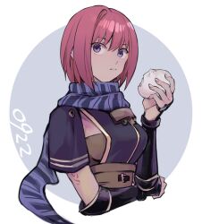 Rule 34 | 1girl, breasts, closed mouth, dated, eating, food, gloves, grel (r6hgvu5), looking at viewer, medium breasts, nel zelpher, purple eyes, red hair, scarf, short hair, sideboob, simple background, smile, solo, star ocean, star ocean anamnesis, star ocean till the end of time, striped clothes, striped scarf, white background