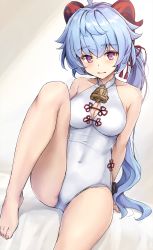 Rule 34 | 1girl, ahoge, bare shoulders, bell, blue hair, blush, breasts, ganyu (genshin impact), genshin impact, highres, horns, koyuki (kotatsu358), large breasts, long hair, looking at viewer, one-piece swimsuit, paid reward available, purple eyes, solo, swimsuit, white one-piece swimsuit