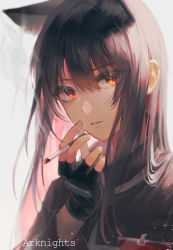 Rule 34 | 1girl, animal ear fluff, animal ears, arknights, between fingers, black gloves, black hair, cigarette, copyright name, eit (ikeuchi), fingerless gloves, gloves, highres, holding, holding cigarette, long hair, long sleeves, looking at viewer, parted lips, red eyes, simple background, smile, smoke, solo, texas (arknights), upper body, white background, wolf ears, wolf girl