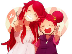 Rule 34 | 2girls, bad id, bad pixiv id, dual persona, harukaze doremi, multiple girls, ojamajo doremi, aged up, pointing, red hair, smile, tomo (sjim), twintails, v