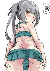 Rule 34 | 1girl, ass, bikini, bikini skirt, brown eyes, cowboy shot, fuji (pixiv24804665), green bikini, grey hair, highres, kantai collection, kasumi (kancolle), leaning forward, long hair, looking at viewer, looking back, official alternate costume, side ponytail, simple background, solo, spoken squiggle, squiggle, swimsuit, white background