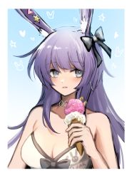 Rule 34 | 1girl, 3 (sanyako1), animal ears, arknights, bikini, black bow, blue background, border, bow, bow bikini, breasts, cleavage, collar, grey collar, grey eyes, hair bow, hand up, heart, highres, holding food, holding ice cream, ice cream, ice cream cone, large breasts, long hair, looking at viewer, official alternate costume, open mouth, purple hair, rabbit ears, rabbit girl, rope (arknights), rope (summer flowers) (arknights), simple background, solo, star (symbol), strapless, strapless bikini, swimsuit, upper body, white bikini, white border