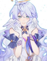 Rule 34 | 1girl, absurdres, bare shoulders, blue eyes, breasts, cleavage, commentary, detached sleeves, dress, gloves, hands up, head wings, highres, honkai: star rail, honkai (series), long hair, looking at viewer, medium breasts, purple hair, robin (honkai: star rail), short sleeves, simple background, smile, solo, somi (ooyuoa), upper body, very long hair, white background, white dress, white gloves, wings