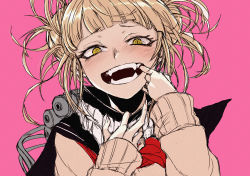 Rule 34 | 1girl, bags under eyes, blonde hair, blush, boku no hero academia, commentary, crazy eyes, crazy smile, double bun, fangs, finger in own mouth, hair bun, hand to own mouth, hands up, highres, kuronuko neero, long sleeves, looking at viewer, medium hair, messy hair, neckerchief, open mouth, pink background, red neckerchief, scarf, simple background, smile, solo, sweater, toga himiko, upper body, yellow eyes