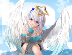 Rule 34 | 1girl, absurdres, alternate costume, amane kanata, angel, angel wings, black nails, blue sky, bob cut, bow, bra, cloud, cowboy shot, elphe, fingernails, grey bra, grey sweater, hair intakes, halo, head rest, highres, hololive, invisible chair, knees, lips, looking at viewer, medium hair, nail polish, off-shoulder sweater, off shoulder, parted lips, purple eyes, silver hair, single hair intake, sitting, sky, solo, spaghetti strap, star halo, sweater, underwear, virtual youtuber, white wings, wings, yellow bow