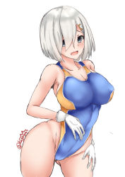 Rule 34 | 1girl, blue eyes, blue one-piece swimsuit, blush, breasts, cleavage, collarbone, competition swimsuit, gloves, gluteal fold, hair ornament, hair over one eye, hairclip, hamakaze (kancolle), hand on thigh, kantai collection, kuga zankurou, large breasts, looking at viewer, one-piece swimsuit, open mouth, short hair, silver hair, simple background, solo, standing, swimsuit, twitter username, upper body, white background, white gloves