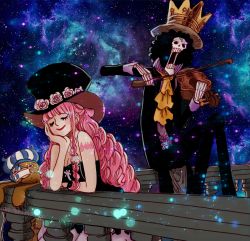 Rule 34 | 1boy, 1girl, afro, arm tattoo, bare shoulders, black dress, black hair, breasts, brook (one piece), head rest, cleavage, crown, dress, drill hair, eyelashes, closed eyes, flower, formal, hat, hat flower, instrument, kumacy, late-night-bloomer, leaning forward, lipstick, long dress, long hair, makeup, music, one piece, perona, pink hair, pink rose, red lips, rose, sitting, skeleton, smile, strapless, strapless dress, stuffed animal, stuffed toy, suit, tattoo, too many drills, top hat, violin