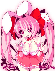 Rule 34 | 1girl, animal ears, blush, breasts, rabbit ears, cleavage, crazy developers, di gi charat, dice, double v, fang, highres, large breasts, leaning forward, long hair, pink eyes, pink hair, ribbon, smile, solo, twintails, usada hikaru, v