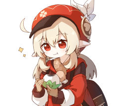 Rule 34 | 1girl, absurdres, ahoge, backpack, bag, brown gloves, brown scarf, cabbie hat, child, clover print, coat, commentary request, eating, food, genshin impact, gloves, hat, highres, holding, holding food, klee (genshin impact), looking at viewer, low twintails, mochi, randoseru, red coat, red eyes, scarf, silver hair, simple background, solo, sparkle, twintails, white background, yoshinao (yoshinao 0203)