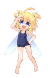 Rule 34 | 1girl, :d, ahoge, bare legs, barefoot, blonde hair, blue eyes, covered navel, fairy wings, fang, full body, hair bobbles, hair ornament, hand on own hip, kso, looking at viewer, meyuu (kso), one-piece swimsuit, one side up, open mouth, original, pointy ears, school swimsuit, short hair, short sidetail, side ponytail, simple background, smile, solo, swimsuit, v, white background, wings