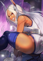 Rule 34 | 1girl, animal ears, ass, bare shoulders, boku no hero academia, breasts, clothing cutout, crescent print, dark-skinned female, dark skin, from side, fur collar, gloves, grin, highleg, highleg leotard, hinoru saikusa, leaning forward, leotard, long eyelashes, long hair, looking at viewer, medium breasts, mirko, parted bangs, purple thighhighs, rabbit ears, rabbit girl, rabbit tail, red eyes, sleeveless turtleneck leotard, smile, solo, squatting, tail, tail through clothes, taut leotard, teeth, thick thighs, thighhighs, thighs, toned, v-shaped eyebrows, very long hair, white gloves, white hair, white leotard