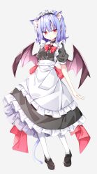 Rule 34 | 1girl, alternate costume, animal ear fluff, animal ears, apron, bat wings, black dress, black footwear, blush, cat ears, cat tail, closed mouth, dress, enmaided, frilled apron, frilled dress, frills, full body, grey background, hair between eyes, highres, maid, maid apron, pantyhose, puffy short sleeves, puffy sleeves, purple hair, red eyes, remilia scarlet, sabana, shoes, short hair, short sleeves, simple background, solo, tail, touhou, white apron, white pantyhose, wings