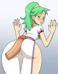 Rule 34 | 1girl, against wall, ass, bent over, blush, buttjob, china dress, chinese clothes, circlet, clothed sex, dress, drew (shameful display), earrings, estpolis denki, gradient background, green eyes, green hair, green nails, grey background, hetero, high ponytail, huge ass, jewelry, large penis, leaning forward, long hair, looking back, lufia, matching hair/eyes, melphis, nail polish, naughty face, parted lips, penis, ponytail, precum, princess, side slit, simple background, thighs, uncensored, white dress