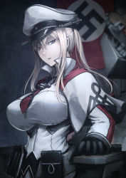 Rule 34 | 10s, 1girl, breasts, celtic knot, cross, female focus, gloves, graf zeppelin (kancolle), hair between eyes, hat, hetza (hellshock), impossible clothes, impossible shirt, jacket, kantai collection, large breasts, long sleeves, looking at viewer, nazi, nazi flag, necktie, peaked cap, shirt, solo, swastika
