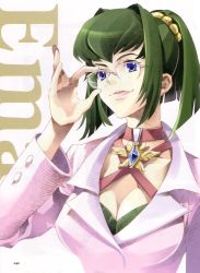 Rule 34 | 1girl, blue eyes, breasts, brooch, choker, cleavage, emma hetfield, glasses, green hair, hair intakes, hair ornament, hairpin, jewelry, lips, long sleeves, official art, ooba wakako, ponytail, scan, short hair, smile, solo, wild arms, wild arms 1, wing brooch