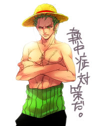Rule 34 | 1boy, bad id, bad pixiv id, crossed arms, earrings, green hair, haramaki, hat, jewelry, male focus, mayuki (ubiquitous), one piece, roronoa zoro, scar, simple background, solo, straw hat, topless male, translation request, white background