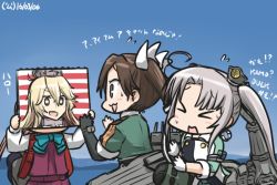 Rule 34 | &gt; &lt;, 10s, 3girls, :3, :d, ahoge, akigumo (kancolle), akitsushima (kancolle), blue sky, blush, brown hair, cannon, commentary, dated, day, drawing, elbow gloves, closed eyes, flying sweatdrops, gloves, grey hair, hair ribbon, hamu koutarou, headgear, iowa (kancolle), kantai collection, kazagumo (kancolle), long hair, machinery, multiple girls, ocean, open mouth, ponytail, ribbon, side ponytail, sidelocks, single elbow glove, sketchbook, sky, smile, star-shaped pupils, star (symbol), symbol-shaped pupils, tone (kancolle), translation request, twintails, white gloves