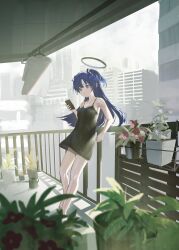 Rule 34 | 1girl, balcony, bare arms, bare legs, black camisole, blue archive, camisole, cellphone, cityscape, clothesline, halo, highres, holding, holding phone, mechanical halo, parted bangs, phone, plant, potted plant, purple eyes, purple hair, railing, shirt, sidelocks, smartphone, solo, two side up, white shirt, yomoyama55, yuuka (blue archive)