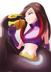 Rule 34 | 1girl, absurdres, arutarika (ri kaoekaki), breasts, brown hair, closed mouth, commentary request, creatures (company), crop top, cropped shirt, eyelashes, game freak, gen 3 pokemon, gloves, hand up, highres, long hair, lucy (pokemon), medium breasts, midriff, multicolored hair, navel, nintendo, pokemon, pokemon (creature), pokemon emerald, pokemon rse, purple gloves, purple shirt, red eyes, red hair, seviper, shirt, sleeveless, sleeveless shirt, smile, snake, streaked hair, turtleneck, two-tone hair, white background