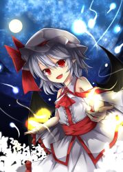 Rule 34 | 1girl, akisome hatsuka, bare shoulders, bat wings, bow, fang, full moon, gradient background, hat, hat bow, light purple hair, mob cap, moon, open mouth, pointy ears, red eyes, remilia scarlet, solo, touhou, wings