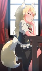 Rule 34 | 1girl, absurdres, animal ear fluff, animal ears, apron, black skirt, black vest, blonde hair, blurry, blurry background, blush, bow, braid, chair, closed eyes, closed mouth, commentary request, cookie (touhou), curtains, feet out of frame, flat chest, fox ears, fox girl, fox tail, frilled apron, frills, hair between eyes, hair bow, highres, indoors, kemonomimi mode, kirisame marisa, kurotsuki hiiragi, long hair, red bow, shirt, side braid, single braid, sitting, skirt, smile, solo, star (symbol), suzu (cookie), table, tail, touhou, vest, waist apron, white apron, white shirt, window