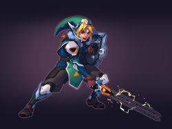 Rule 34 | 1boy, blonde hair, blue eyes, commentary, crossover, electricity, electrified sword, electrified weapon, energy, english commentary, fighting stance, full body, gloves, gradient background, jeremy vitry, link, male focus, nintendo, overwatch, overwatch 1, pelvic curtain, shield, solo, sword, the legend of zelda, weapon