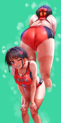 Rule 34 | 1girl, absurdres, aqua background, ass, bare shoulders, black hair, blue eyes, breasts, buruma, cleavage, clothes writing, commentary request, dark-skinned female, dark skin, grin, hands on own knees, headband, highres, kilesha, large breasts, leaning forward, looking at viewer, making-of available, multiple views, navel, one eye closed, original, psd available, red buruma, red headband, red sports bra, short hair, simple background, smile, sports bra, sportswear, steaming body, sweat, tan, tanline, v-shaped eyebrows