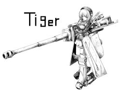 Rule 34 | 10s, 1girl, armor, caterpillar tracks, closed mouth, commentary, dress shirt, english text, frown, full body, girls und panzer, greaves, greyscale, gun, half-closed eyes, headphones, highres, holding, holding gun, holding weapon, jinguu (4839ms), kuromorimine school uniform, long sleeves, looking at viewer, mecha musume, miniskirt, monochrome, nishizumi maho, pleated skirt, school uniform, shield, shirt, short hair, sketch, skirt, solo, standing, weapon